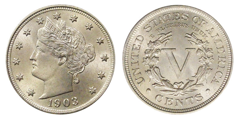 1903 Liberty Head nickel obverse and reverse showing full coin detail