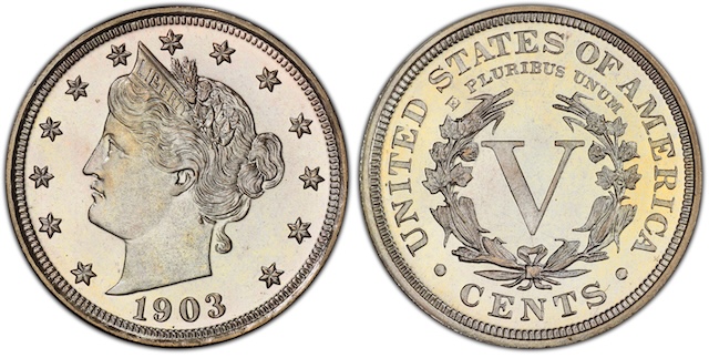 1903 proof Liberty nickel Deep Cameo showing frosted portrait against mirror fields