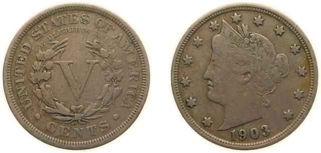 Group of 1903 Liberty Head nickels in varying grades from worn to uncirculated