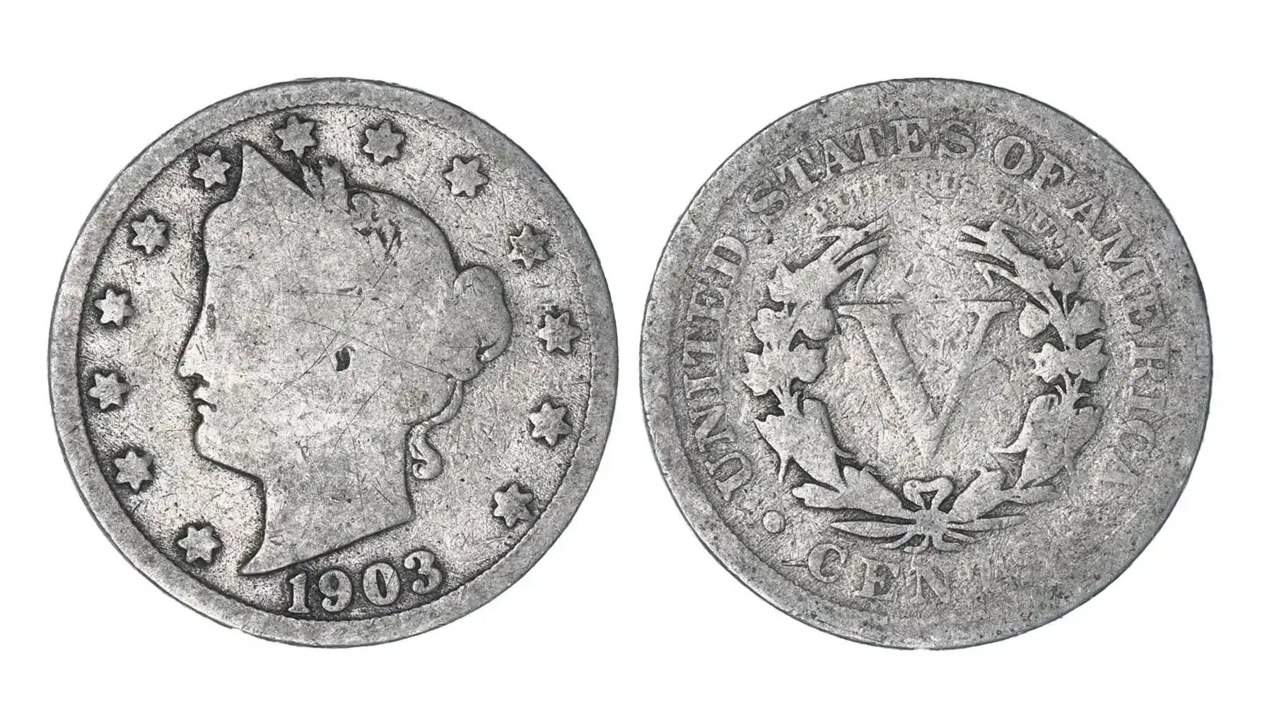 1903 Liberty nickel grading strip showing four condition tiers from worn to mint state